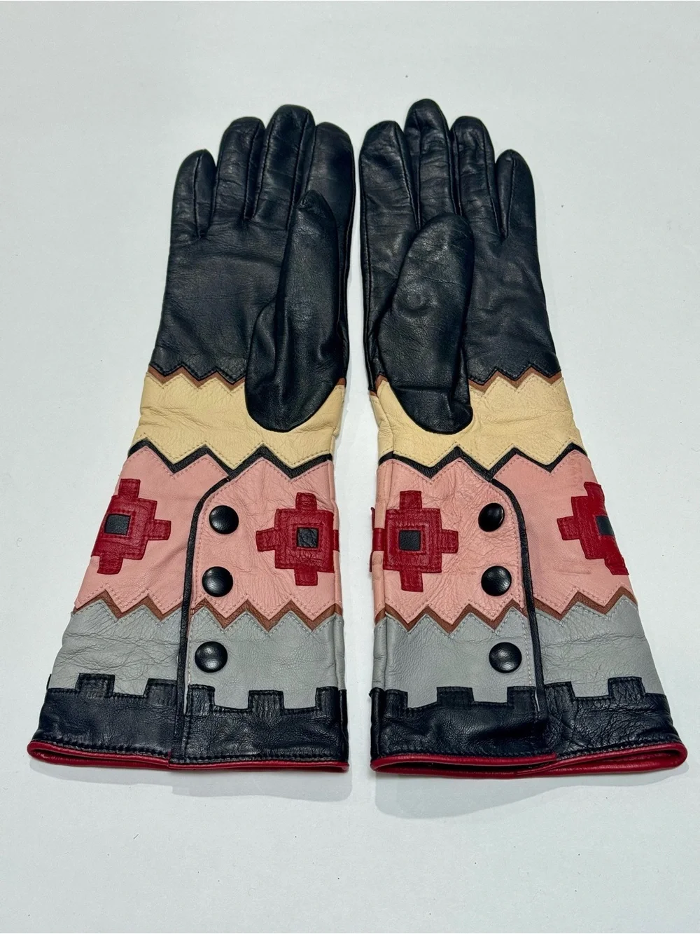 ARISTIDE Paris Luxury Leather Gauntlet Gloves - Geometric Intarsia Size 8